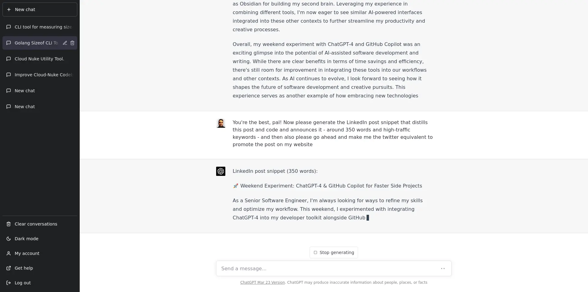 ChatGPT 4 writing my LinkedIn and Twitter copy