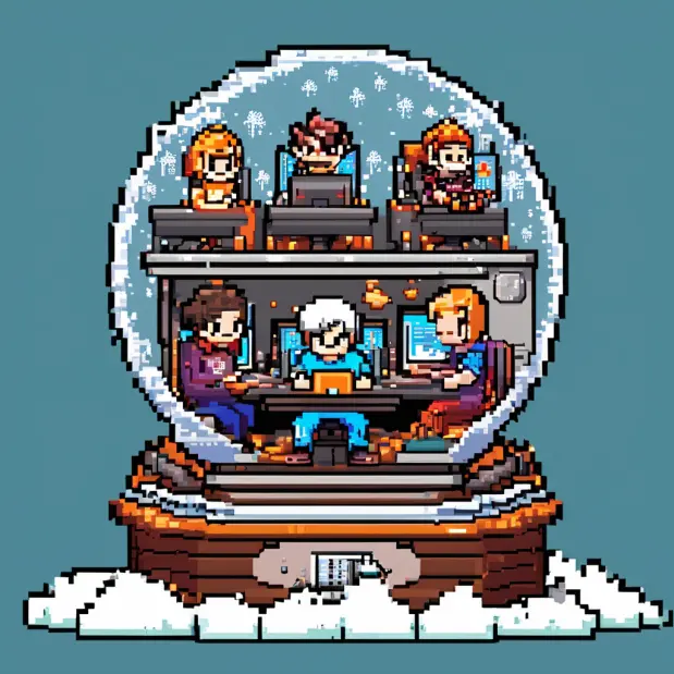 Programmers working in a snowglobe